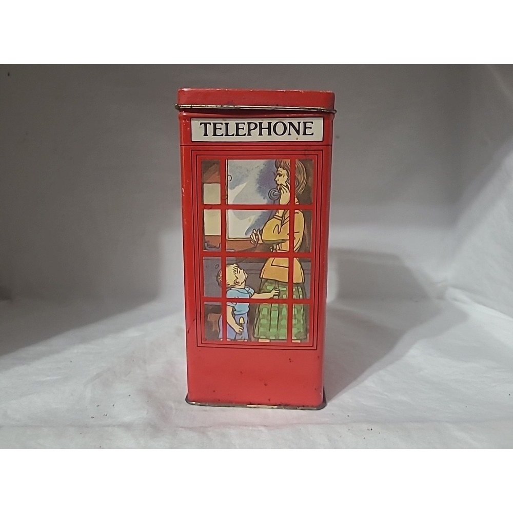 Vintage British Red Telephone Booth Tin Coin Bank London Souvenir Collectible